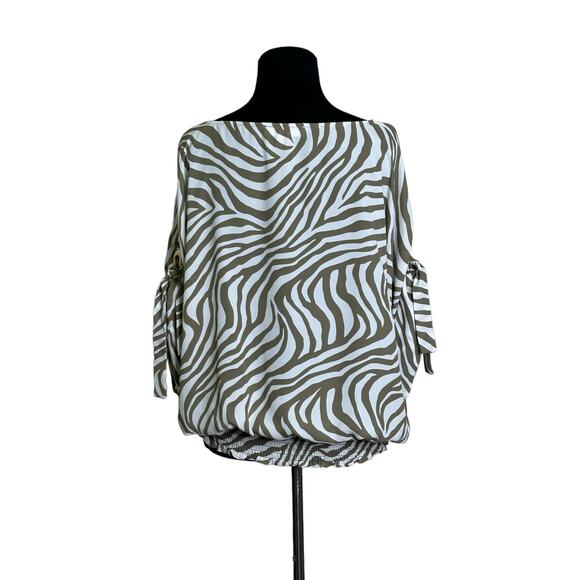 Michael Kors white green zebra print short sleeves blouse size XL - Picture 9 of 11